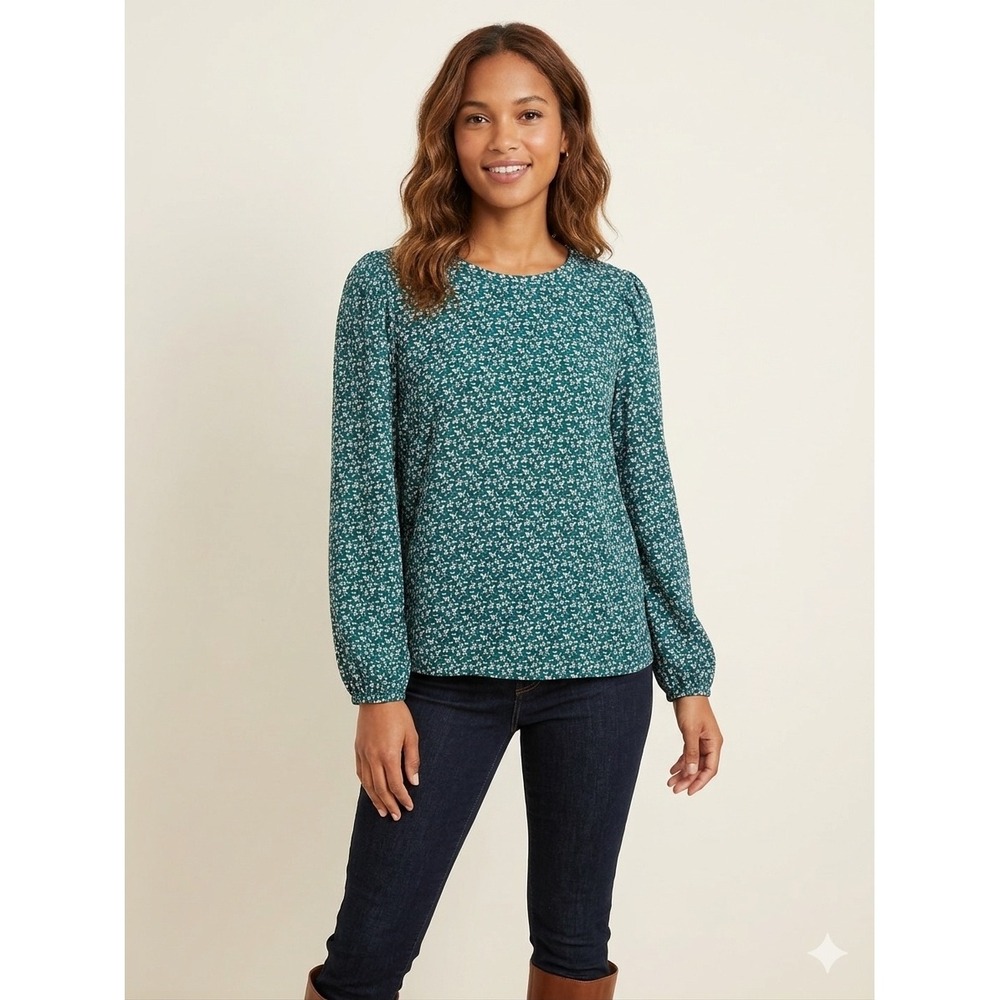 LOFT Womens Teal Green Floral Leaf Print Cotton Long Sleeve Puff Shoulder Top L